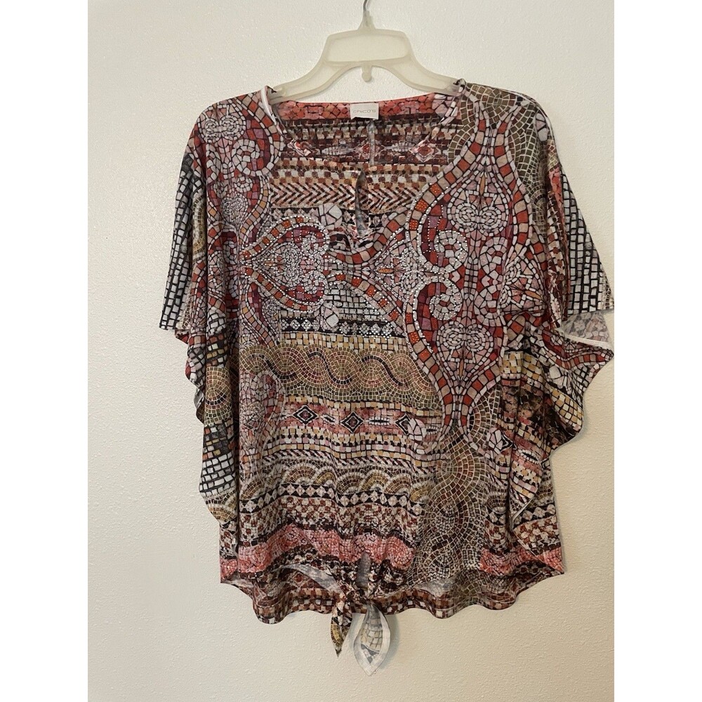 Chico's Red Brown Blouse Plus Size 1X Office Boho 3/4 Sleeve Feminine Top